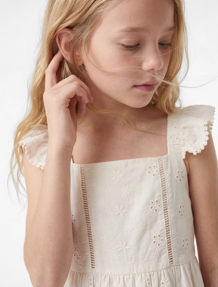 Kız Çocuk Rahat Kalıp Kolsuz Katmanlı Brode Kare Yaka Elbise