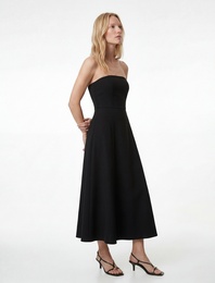 Krep Scuba Kumaş Midi Boy Straplez Kloş Elbise