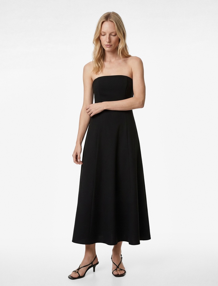  Krep Scuba Kumaş Midi Boy Straplez Kloş Elbise