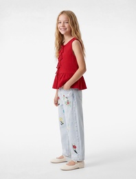 Bisiklet Yaka Bol Kalıp Düğmeli Fırfırlı Fiyonklu Viskon Kolsuz Bluz