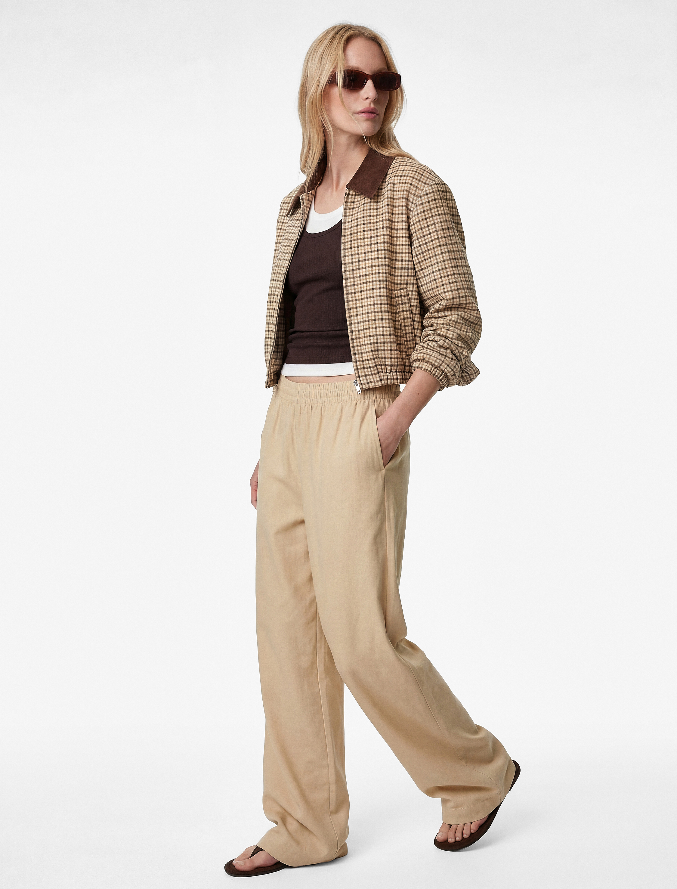   Modal Kumaş Beli Lastikli Cepli Düz Geniş Paça Pantolon