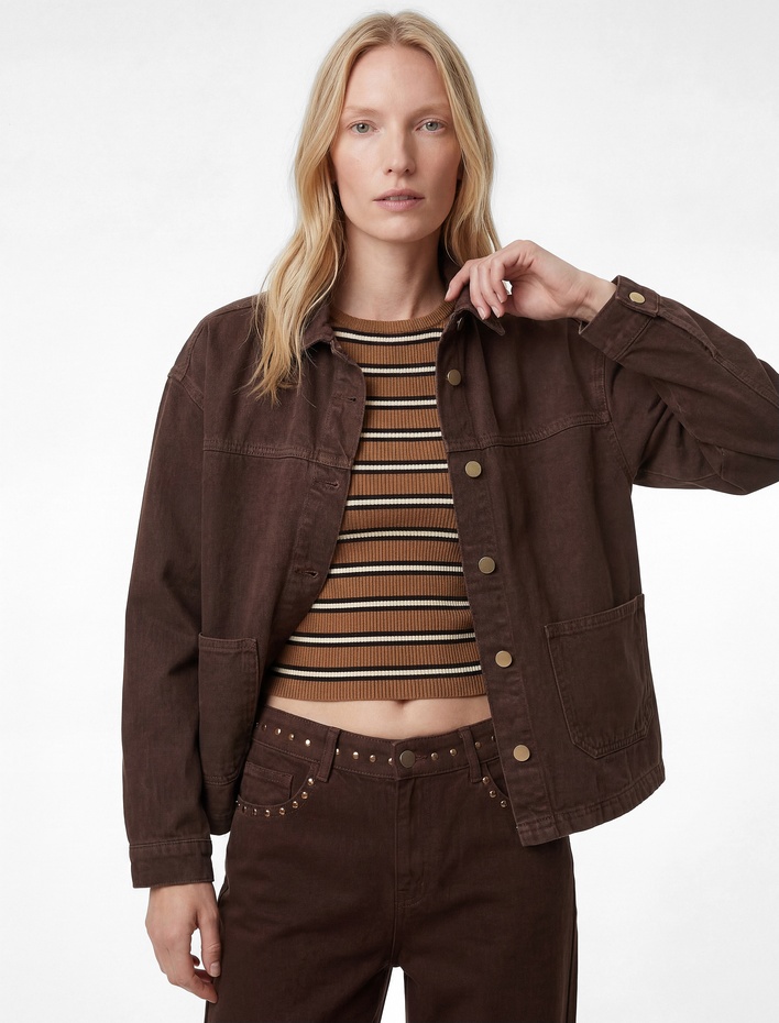  Rahat Kalıp Klasik Yaka Cep Detaylı Düğmeli Uzun Kollu Shacket