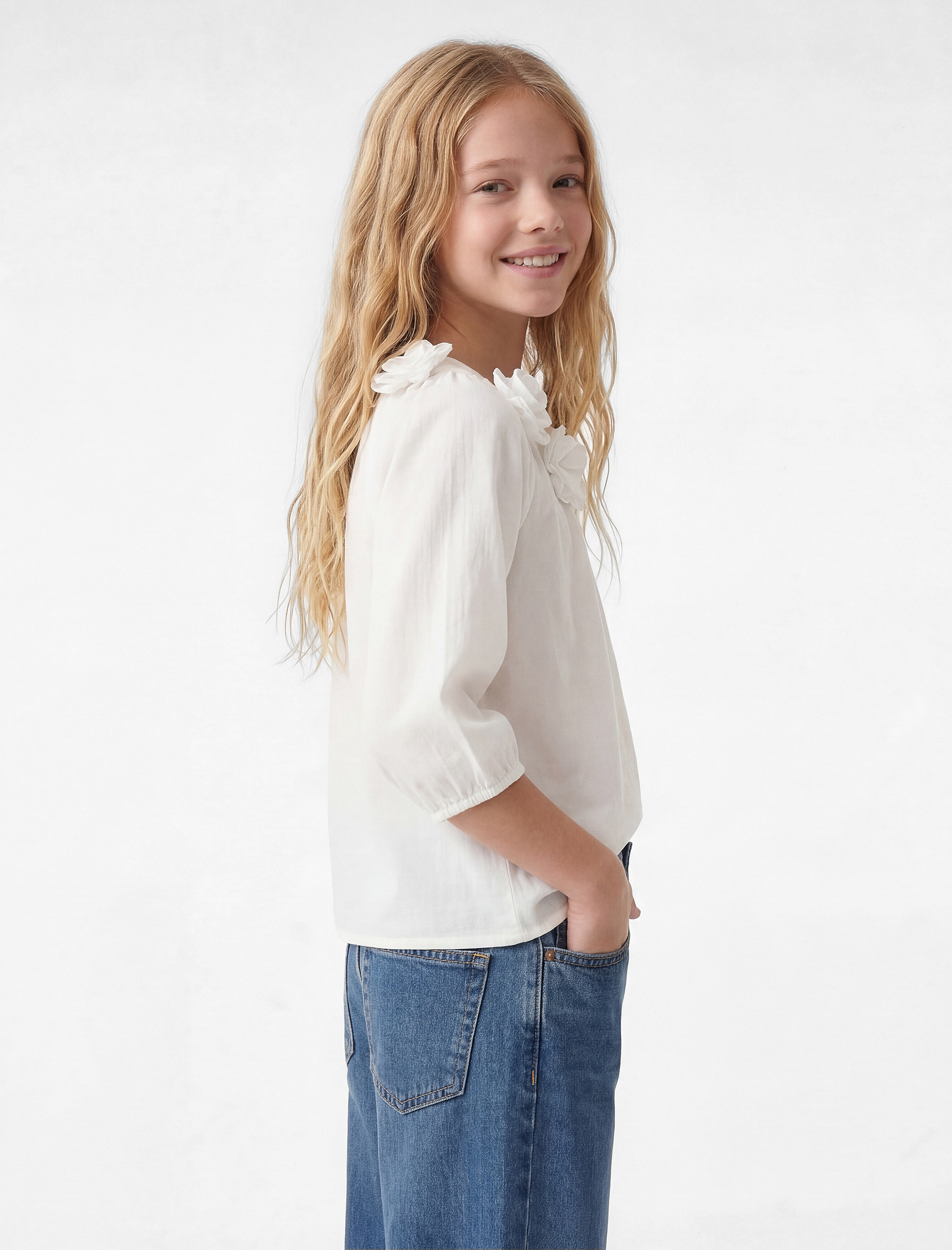  Kız Çocuk Pamuklu Kısa Balon Kollu Lastik Detaylı Bisiklet Yaka Çiçekli Poplin Bluz