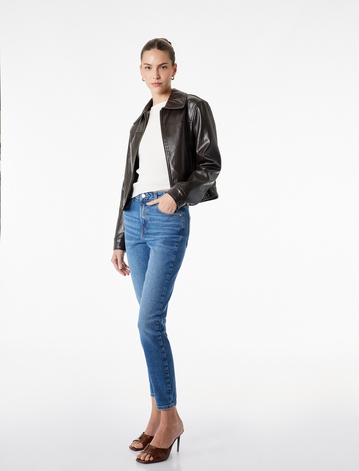  Yüksek Bel Pamuklu Düğmeli Dar Paça Skinny Denim Pantolon - Skinny Push Up Fit Jean