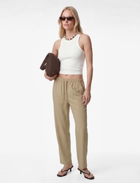 Kupro Viskon Kumaş Beli Lastikli Bağlamalı Cepli Düz Bol Paça Pantolon