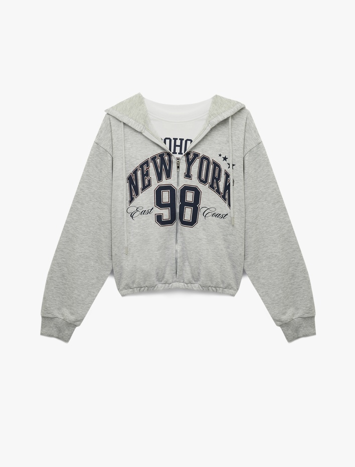  Uzun Kollu Kapüşonlu Fermuarlı Crop Sweatshirt