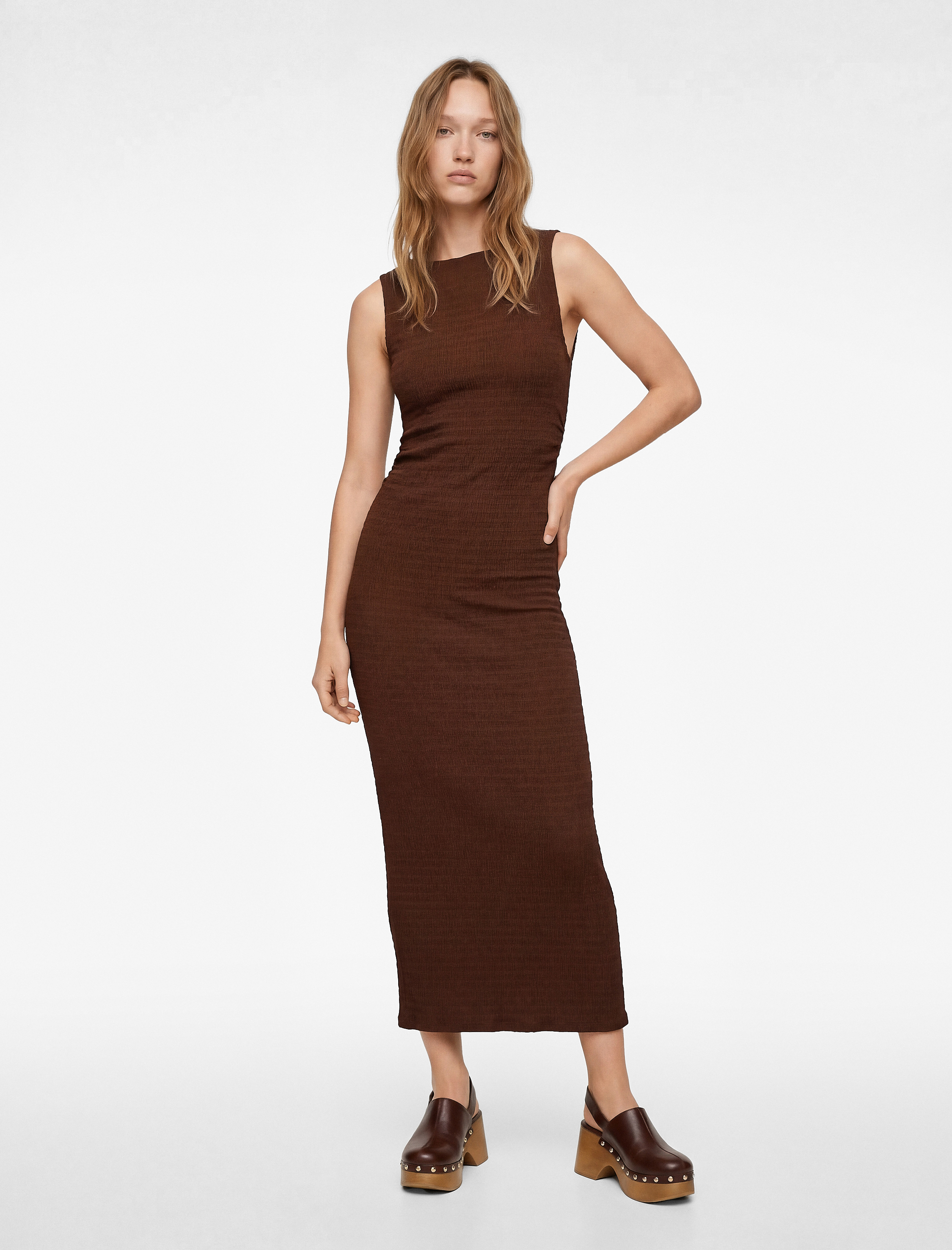 Bürümcük Kolsuz Dik Yaka Midi Bodycon Elbise - Görsel 3