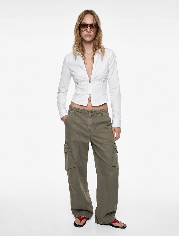  Uzun Kollu Fermuarlı Slim Fit Crop Gömlek