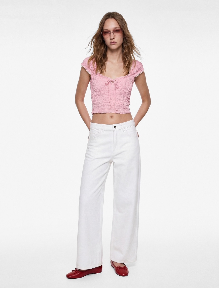 Koton Kadın Bürümcük V Yaka Kısa Kollu Slim Fit Bluz