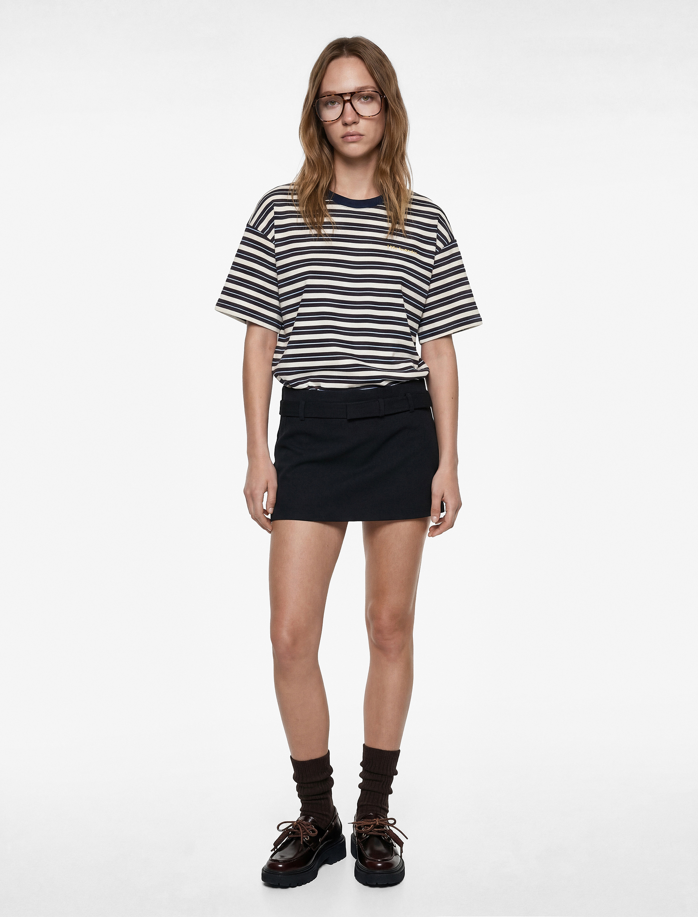   Çizgili Rahat Kalıp Kısa Kollu Bisiklet Yaka Pamuklu Tişört