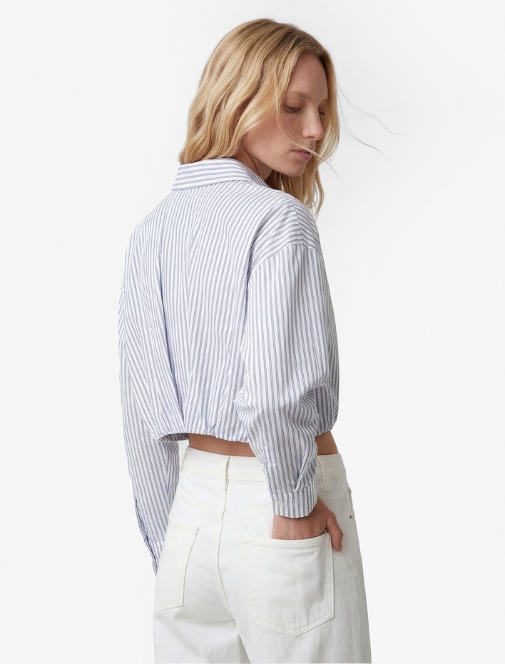  Viskon Kumaş Uzun Kollu Çizgili Crop Gömlek