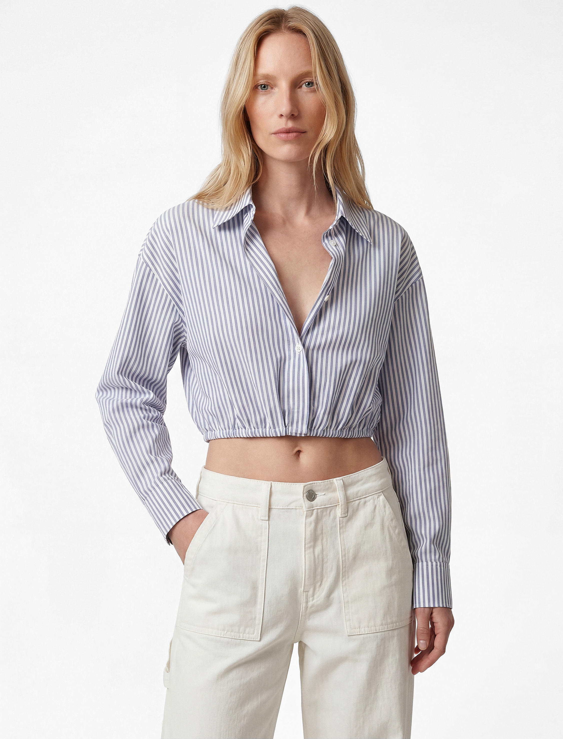 Viskon Kumaş Uzun Kollu Çizgili Crop Gömlek