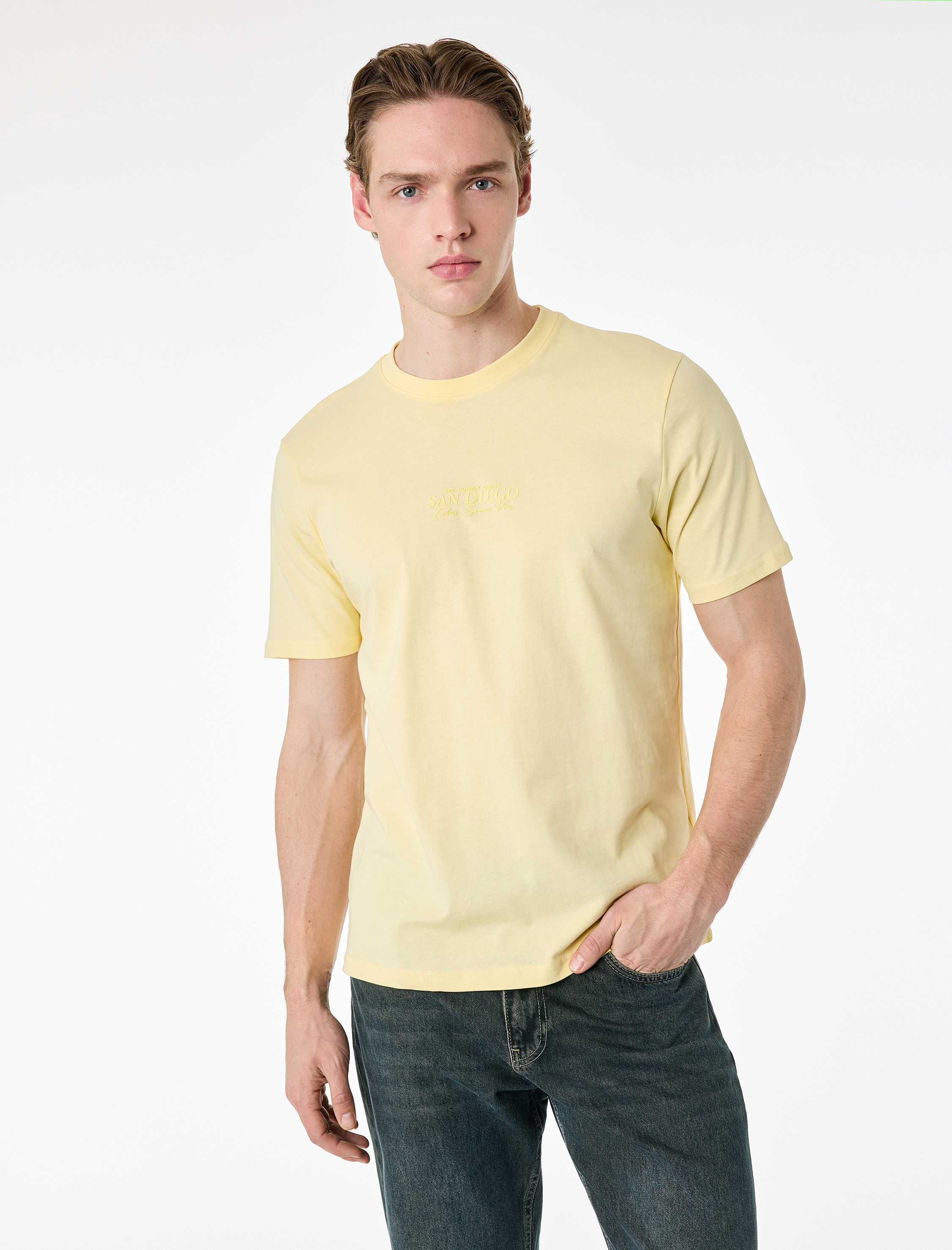   Regular Fit Kısa Kollu Pamuklu Bisiklet Yaka Baskılı Tişört