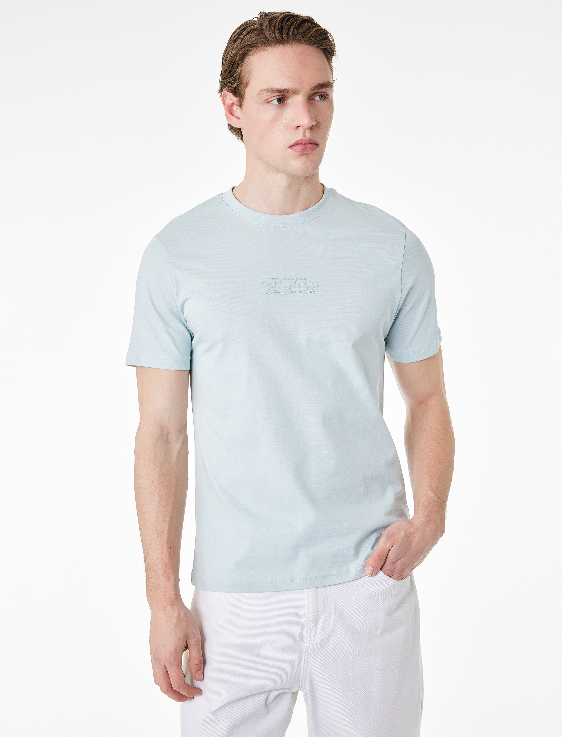   Regular Fit Kısa Kollu Pamuklu Bisiklet Yaka Baskılı Tişört