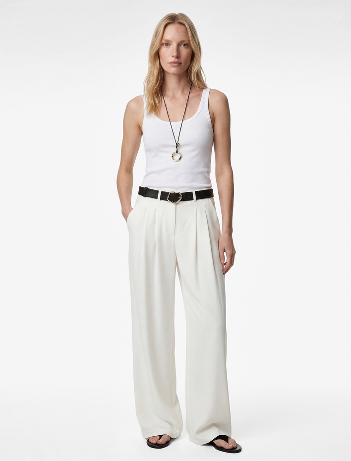  Viskon Karışımlı Kemer Detaylı Yüksek Bel Palazzo Pantolon