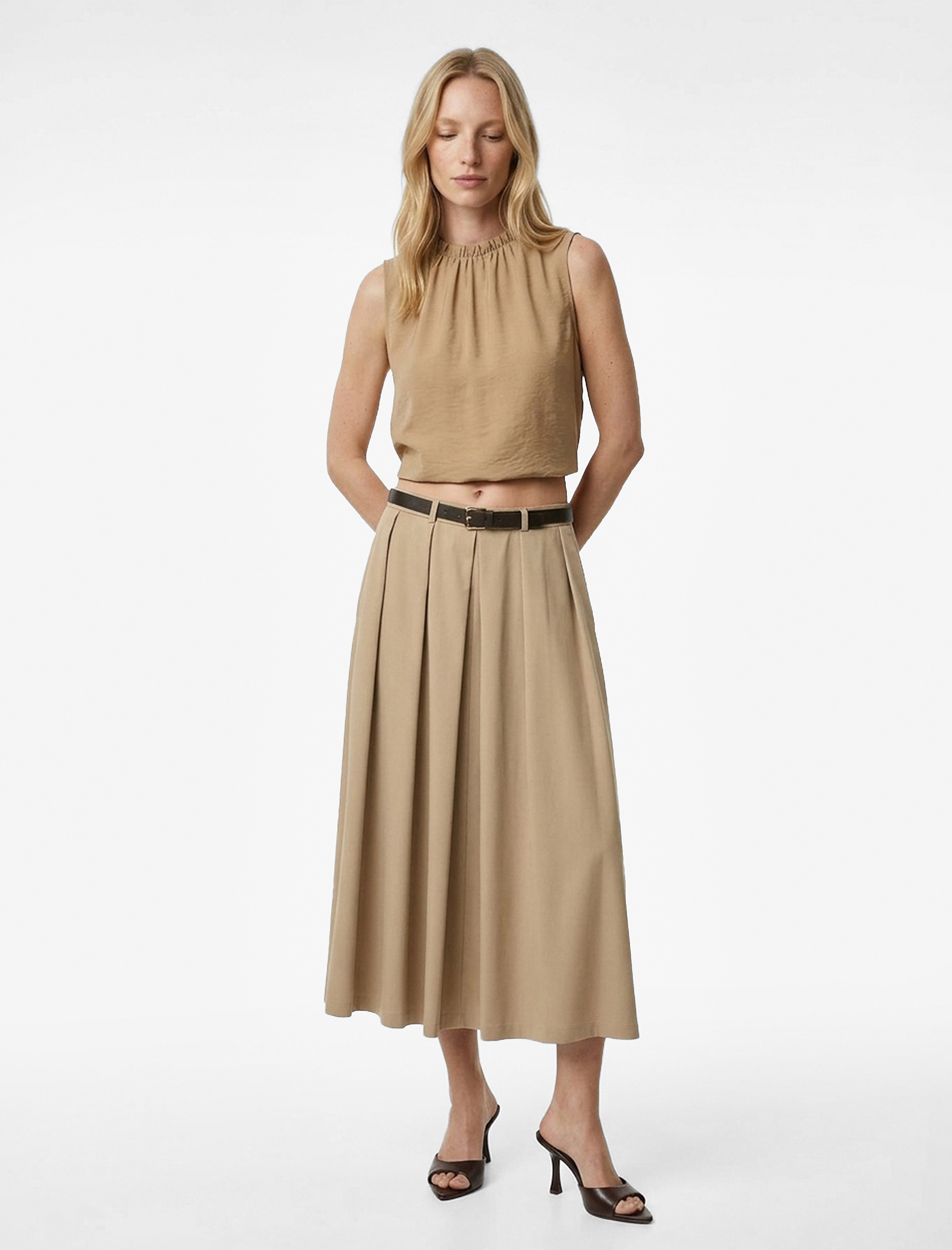   Kemer Detaylı A Kesim Viskon Karışımlı Midi Pileli Etek