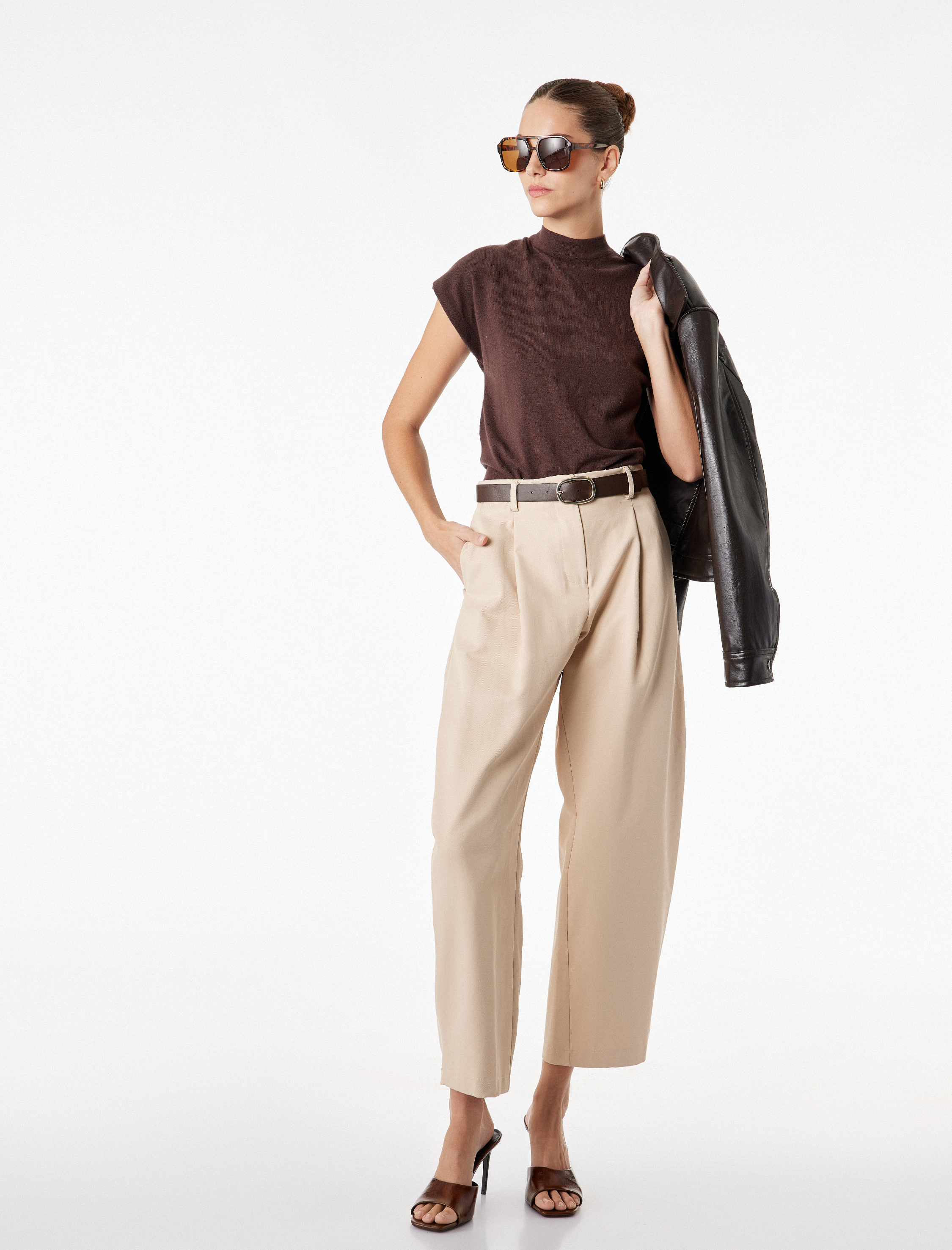   Yüksek Bel Kemer Detaylı Cep Detaylı Pileli Balon Pantolon