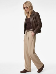 Cepli Yarım Kemer Detaylı Düz Geniş Paça Palazzo Pantolon