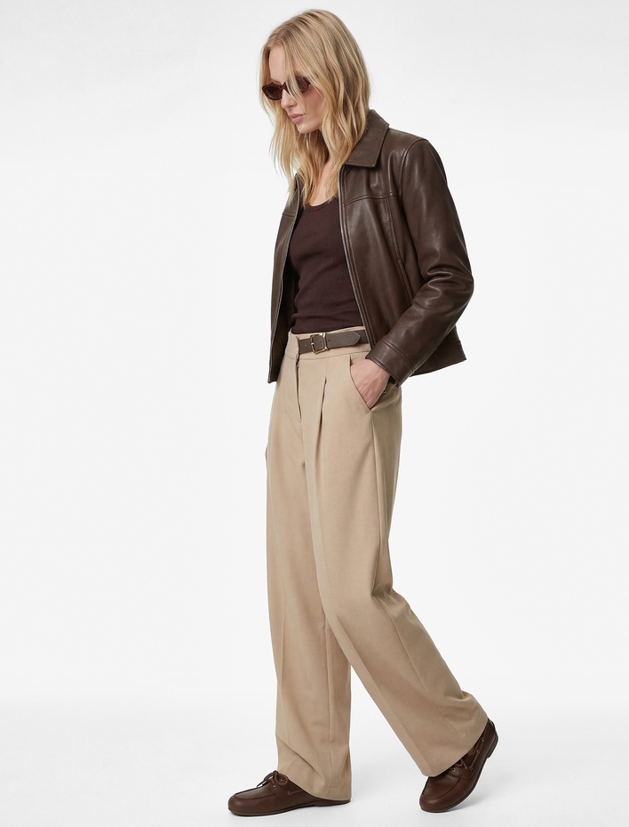  Cepli Yarım Kemer Detaylı Düz Geniş Paça Palazzo Pantolon