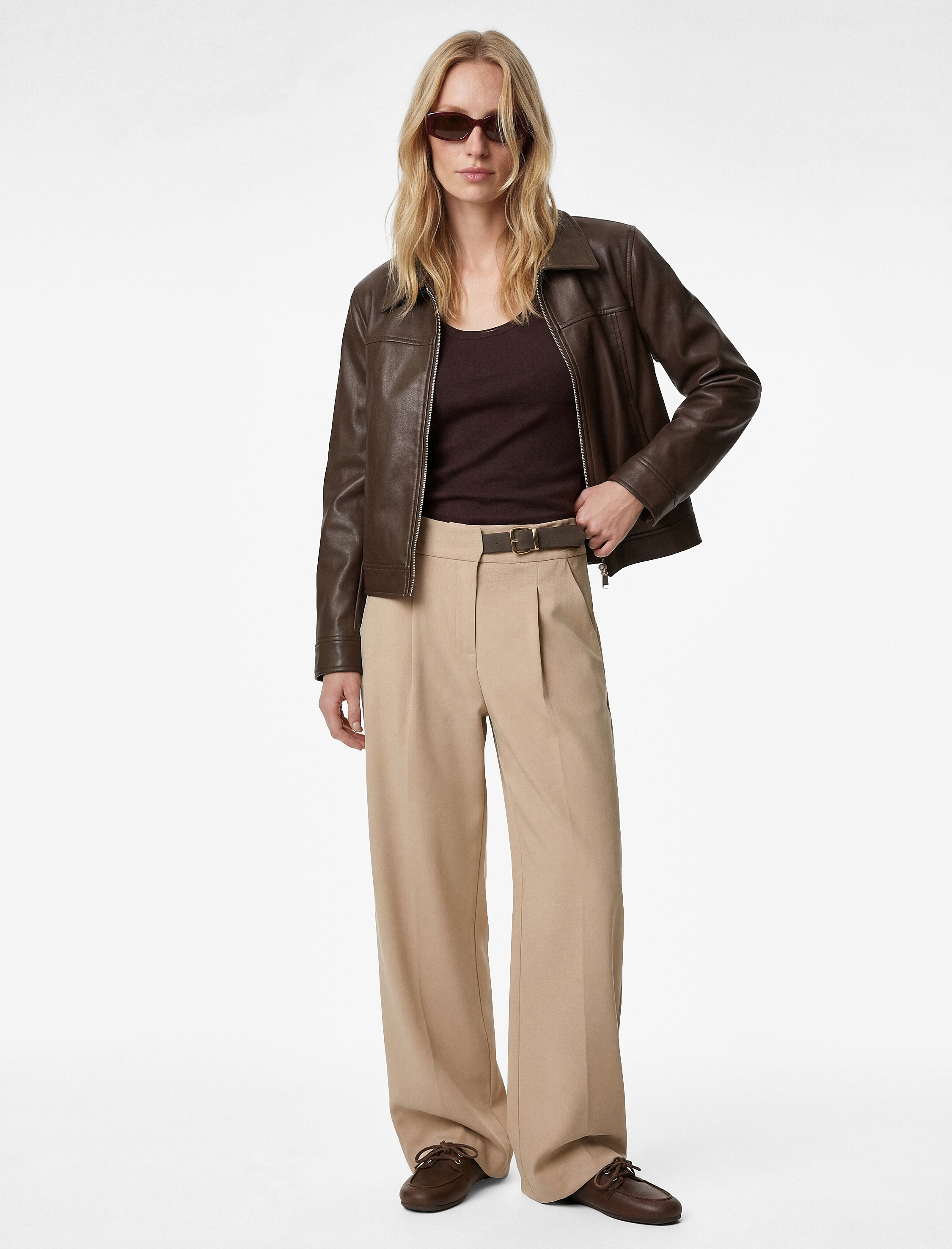   Cepli Yarım Kemer Detaylı Düz Geniş Paça Palazzo Pantolon