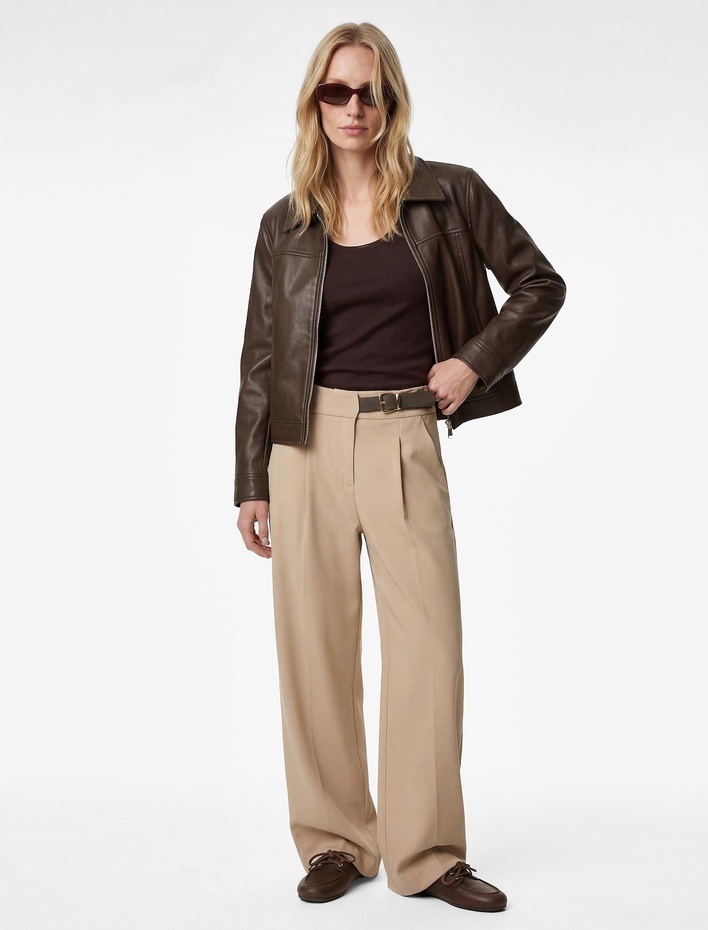  Cepli Yarım Kemer Detaylı Düz Geniş Paça Palazzo Pantolon