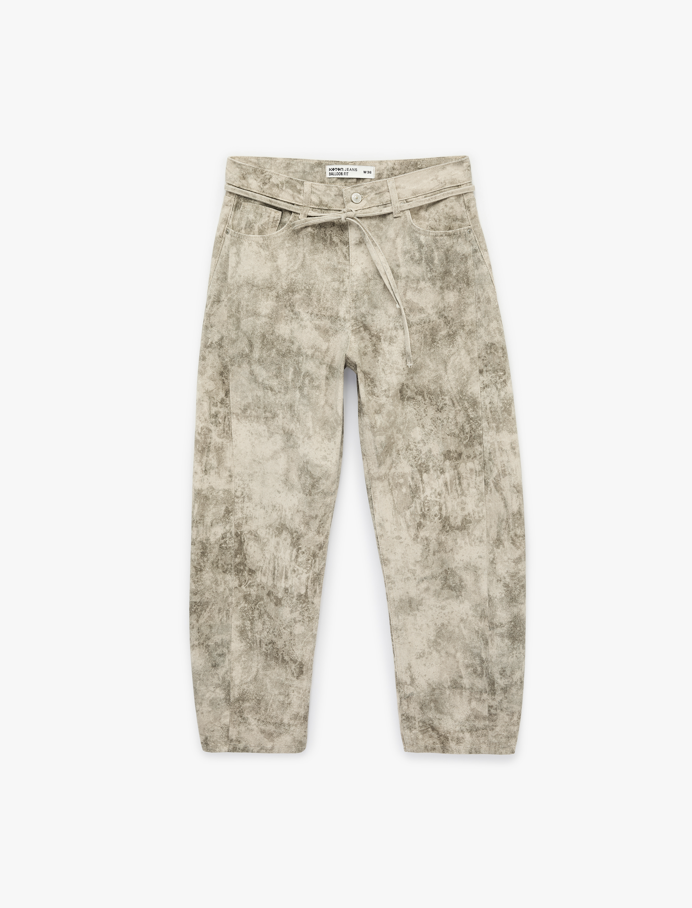   Rahat Kalıp Pamuklu Kemer Detaylı Yıkamalı Düğmeli Balon Pantolon