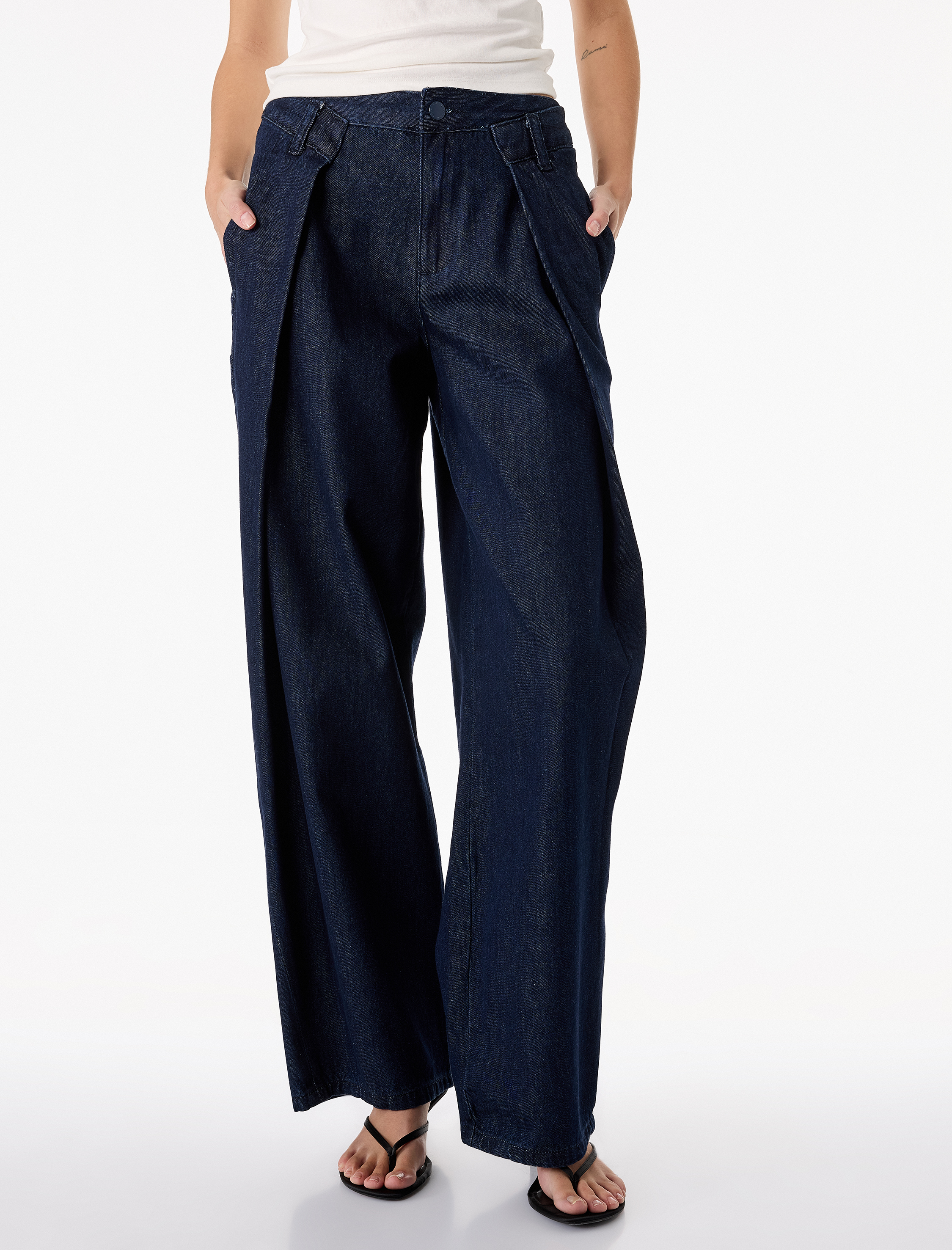   Rahat Kalıp Pamuklu Pileli Geniş Paça Denim Pantolon -  Wide Leg Jeans