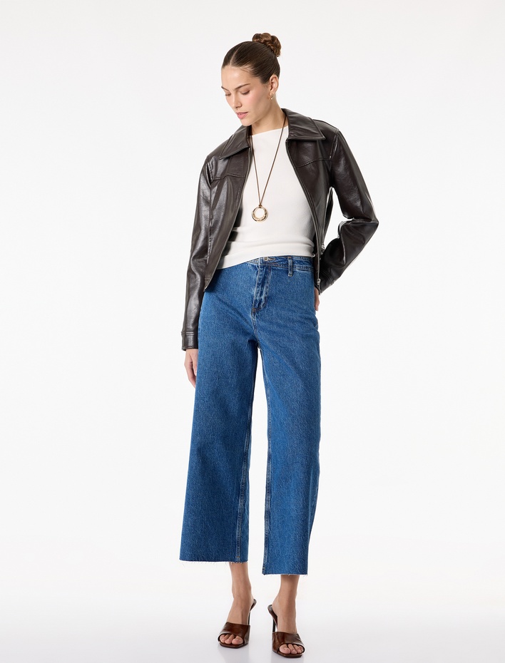  Düğmeli Yüksek Bel Rahat Kesim Denim Pantolon - Culotte Jeans