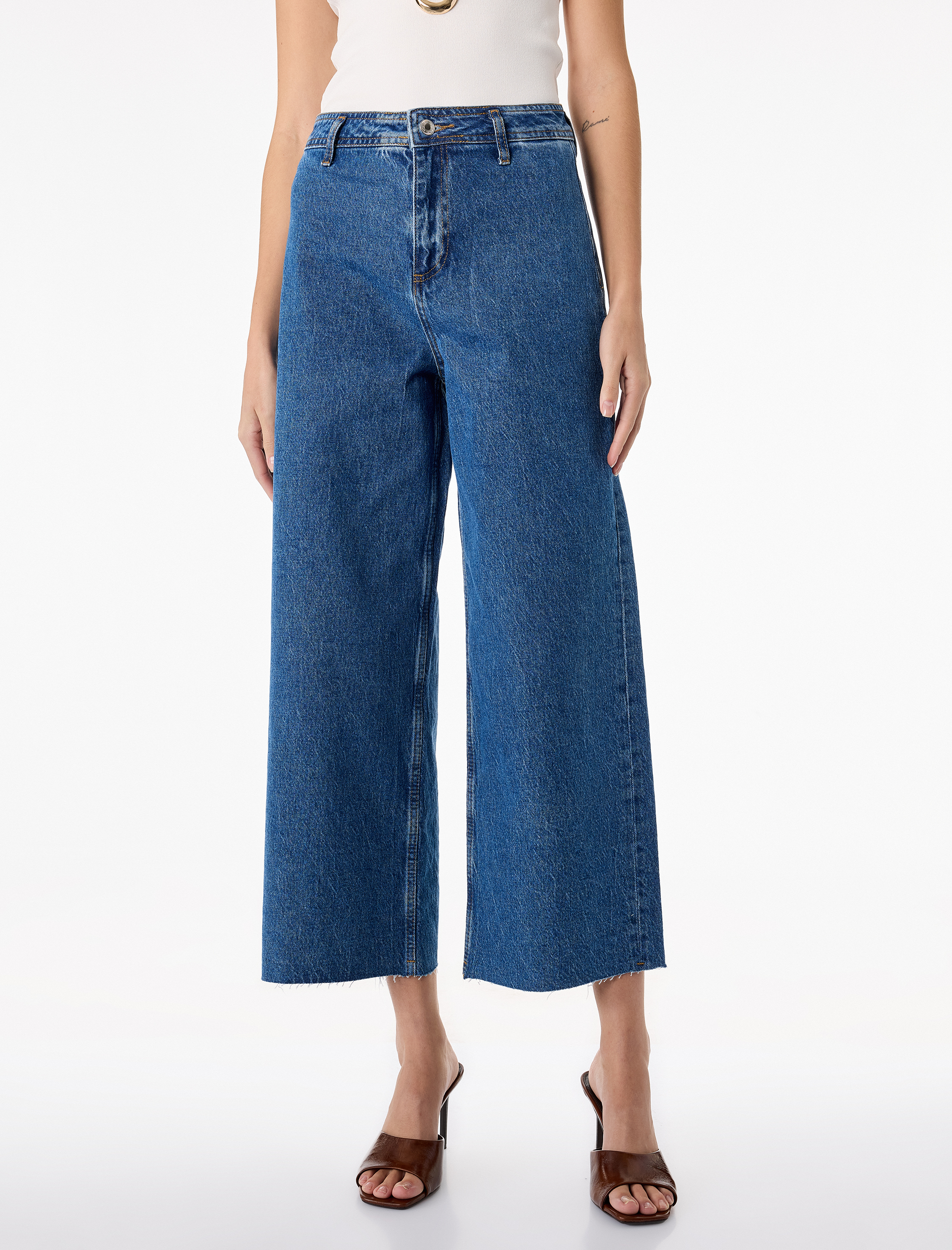   Düğmeli Yüksek Bel Rahat Kesim Denim Pantolon - Culotte Jeans