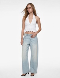 Gipeli Volanlı Kolsuz Pamuklu Nakışlı Sırtı Açık Crop Halter Yaka Bluz