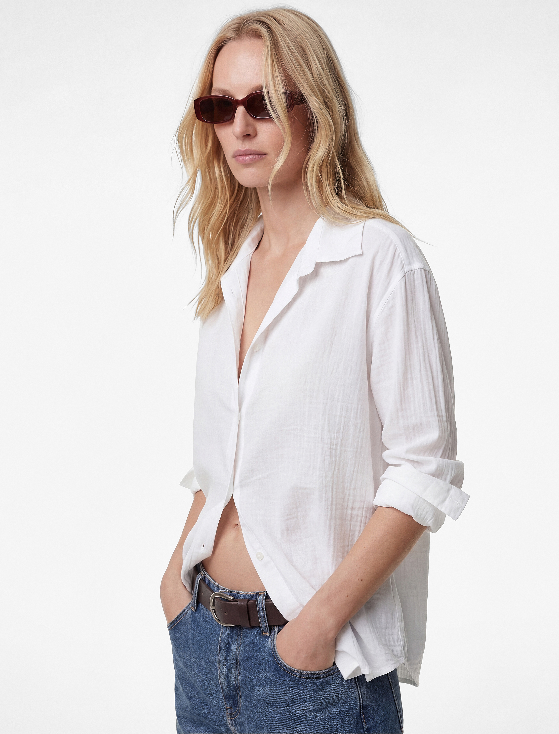 Uzun Kollu Dokulu Oversize Gömlek - Görsel 2