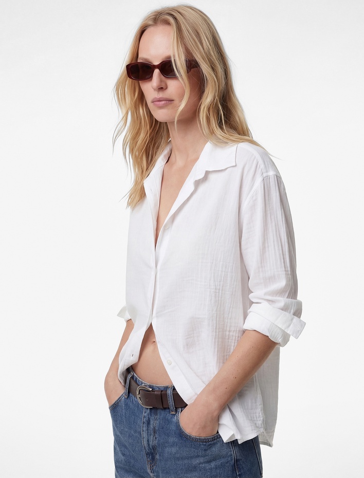  Uzun Kollu Dokulu Oversize Gömlek