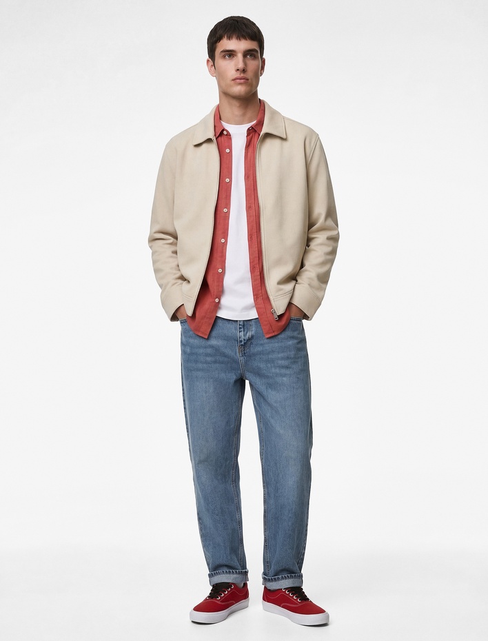  Regular Fit Uzun Kollu Cepli Gömlek Yaka Fermuarlı Mevsimlik Ceket