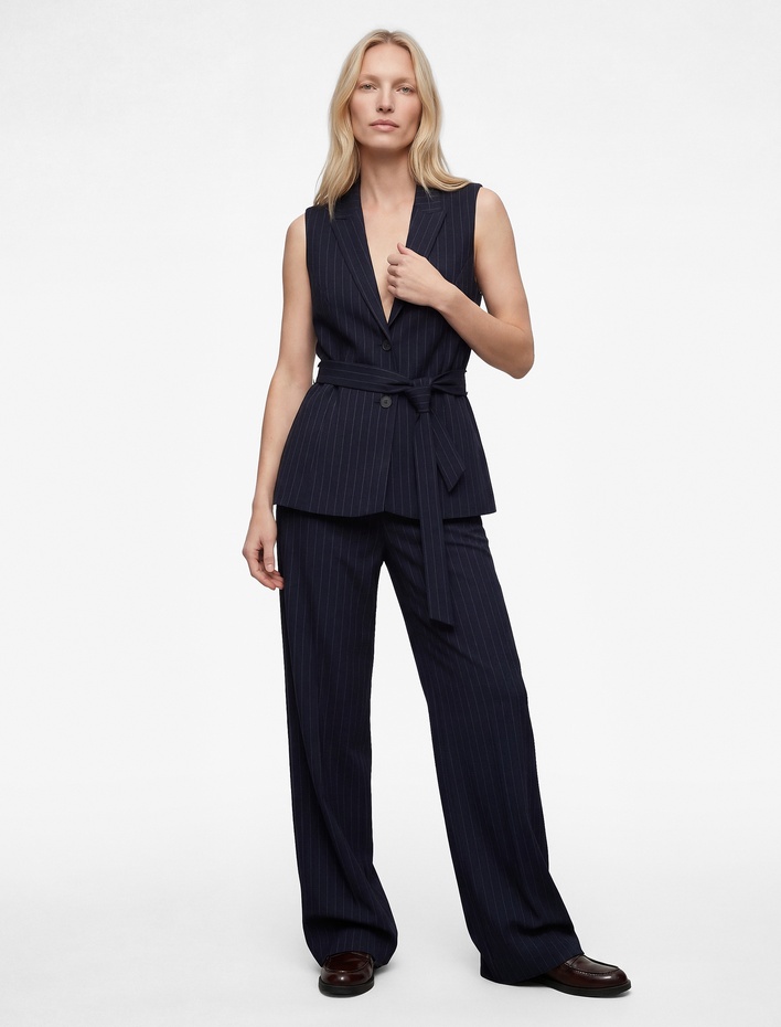  Yüksek Bel Regular Fit Geniş Paça Çizgili Kumaş Pantolon