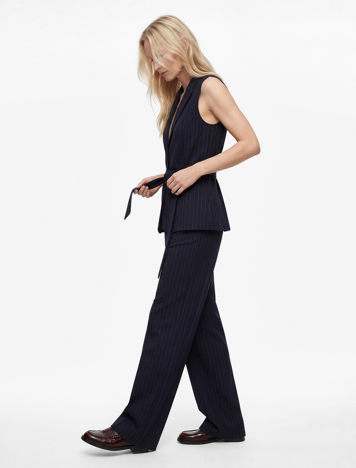  Yüksek Bel Regular Fit Geniş Paça Çizgili Kumaş Pantolon