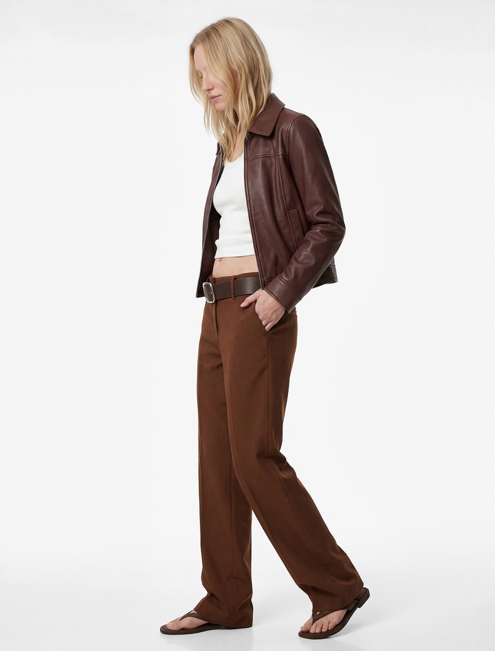  Cepli Kemer Detaylı Geniş Paça Uzun Kumaş Pantolon