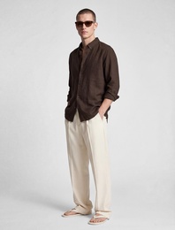 Regular Fit Düğmeli Yaka Uzun Kollu Keten Gömlek