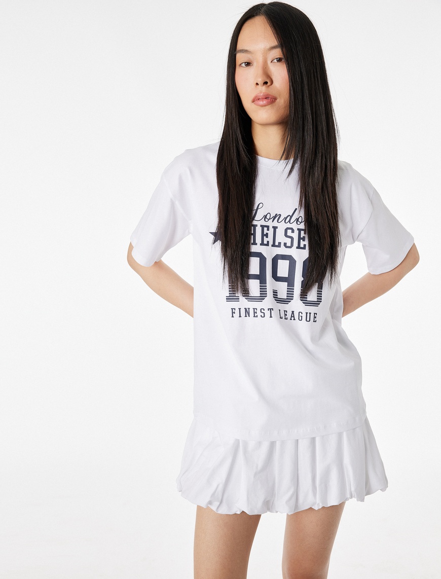 Koton Kadın Slim Fit Kısa Kollu Bisiklet Yaka Kolej Baskılı T-Shirt