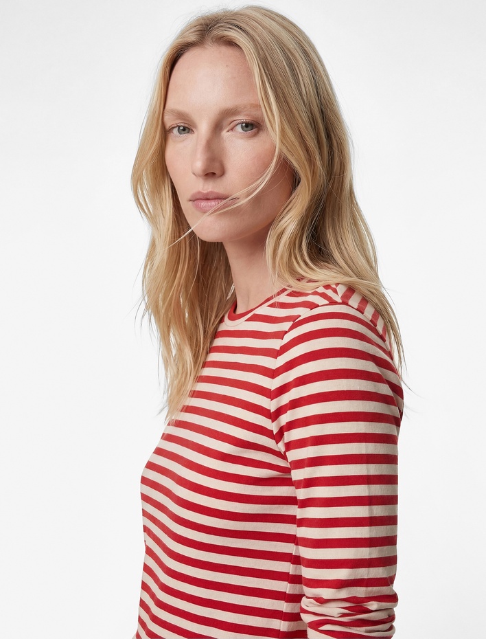  Modal Kumaş Uzun Kollu Bisiklet Yaka Çizgili Tişört