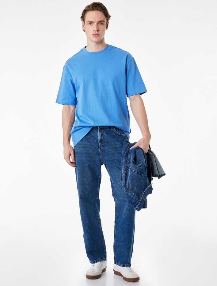 Kısa Kollu Pamuklu Bisiklet Yaka Oversize Basic Tişört