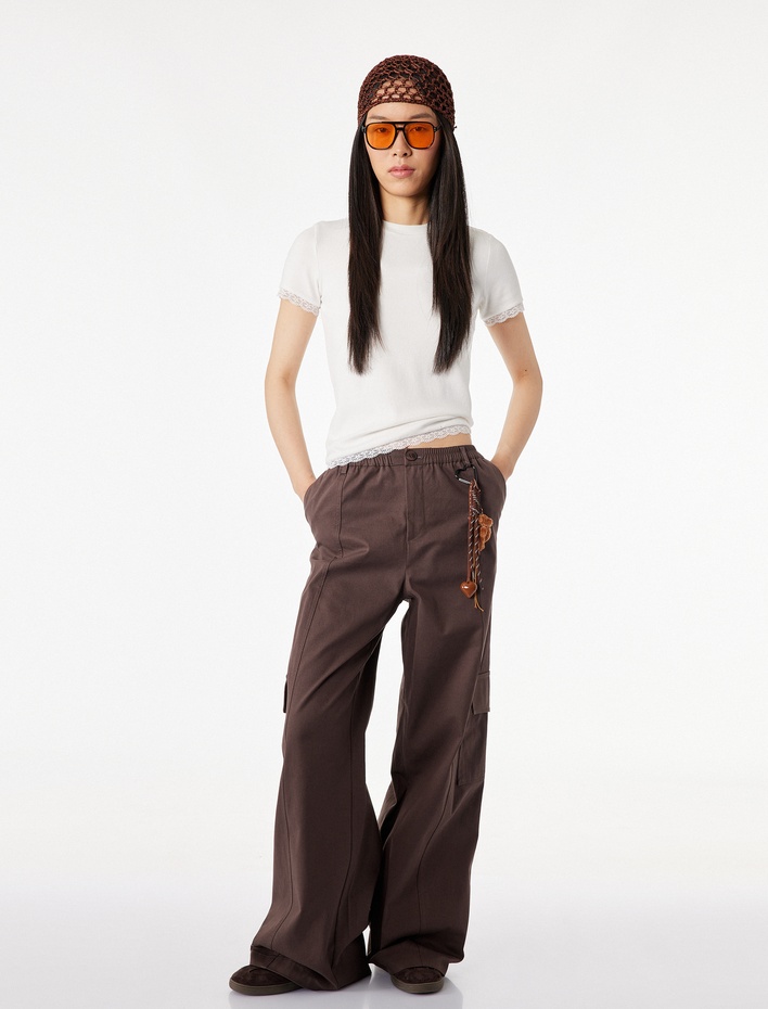  Dantel Detaylı Kısa Kollu Bisiklet Yaka Modal Karışımlı Slim Fit Tişört