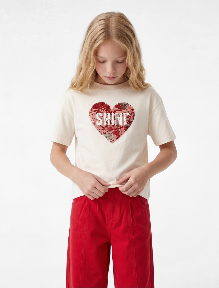 Kız Çocuk Bisiklet Yaka Kısa Kollu Pullu Payetli Pamuklu Tişört