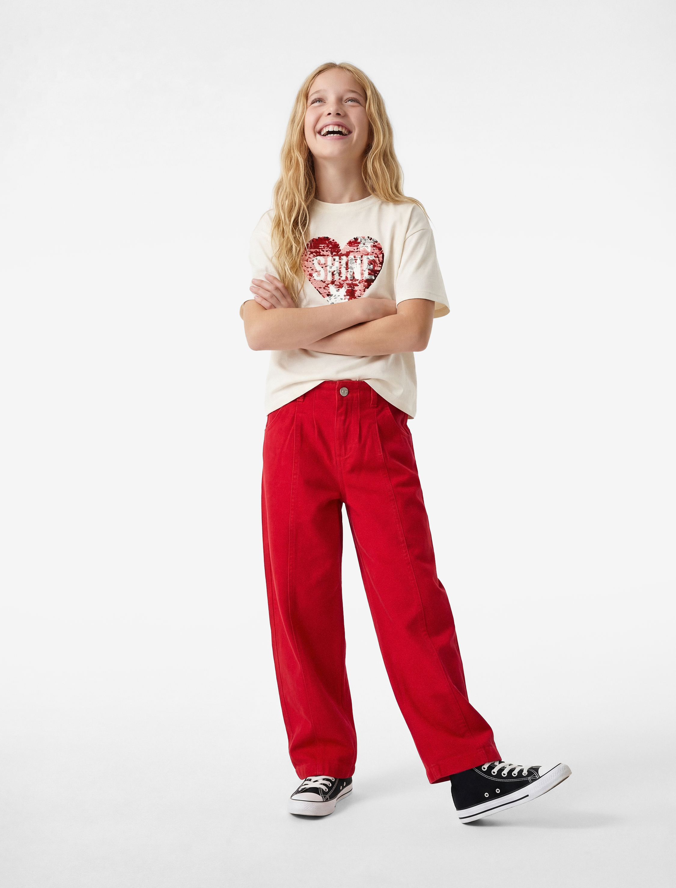  Kız Çocuk Bisiklet Yaka Kısa Kollu Pullu Payetli Pamuklu Tişört