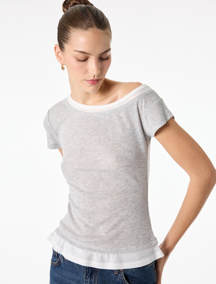  Slim Fit Kontrast Detaylı Kısa Kollu Kayık Yaka Tişört