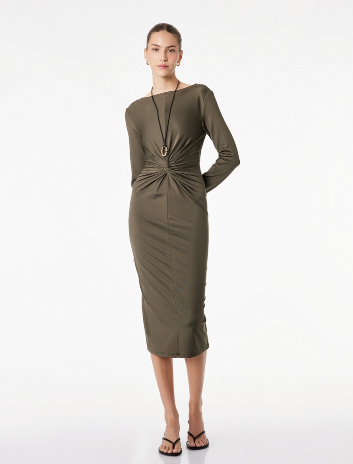  Uzun Kollu Yuvarlak Yaka Midi Boy Drape Detaylı Elbise