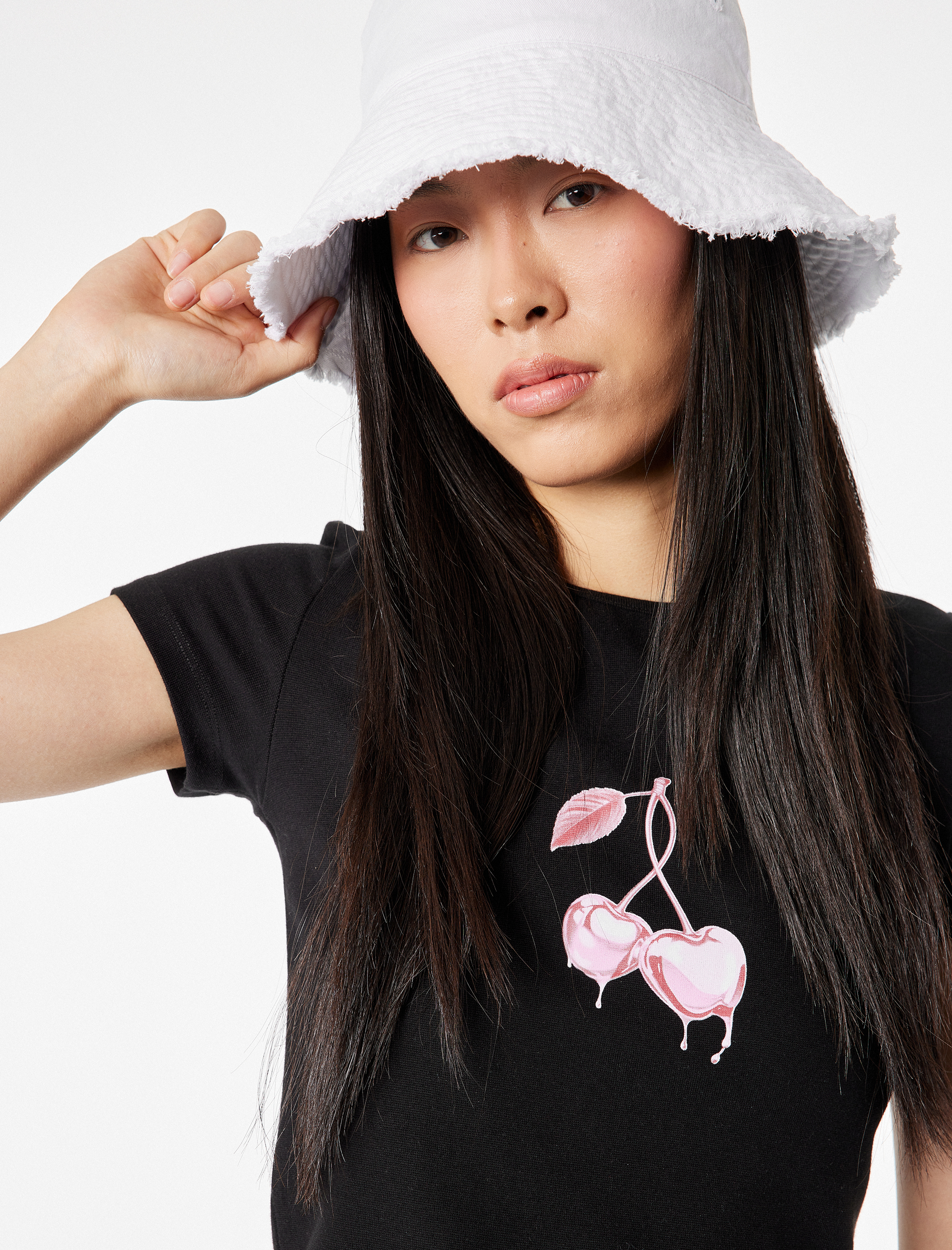   Slim Fit Kısa Kollu Bisiklet Yaka Kiraz Baskılı Crop Tişört