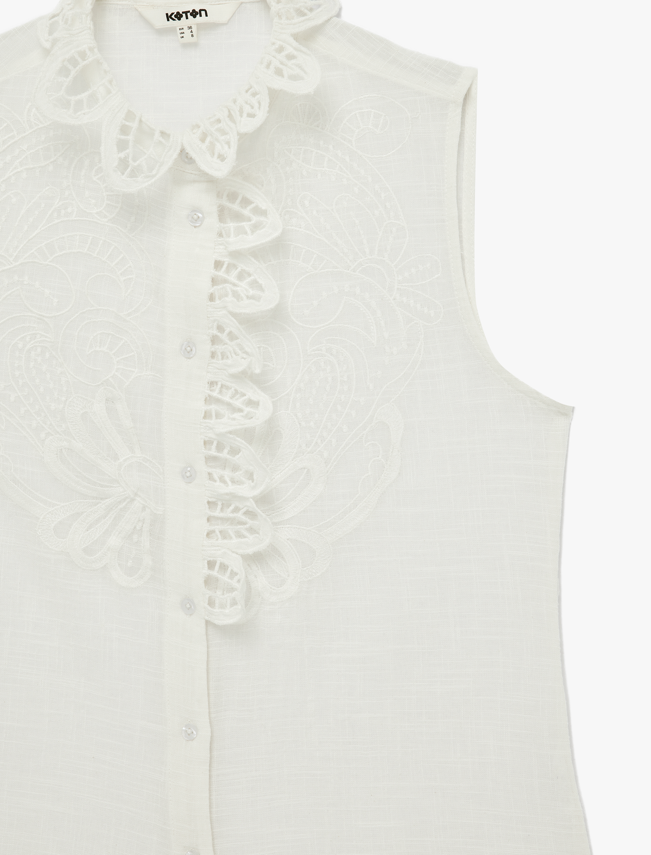 Pamuklu Düğmeli Floral Dokulu Brodeli Kolsuz Gömlek - Görsel 5