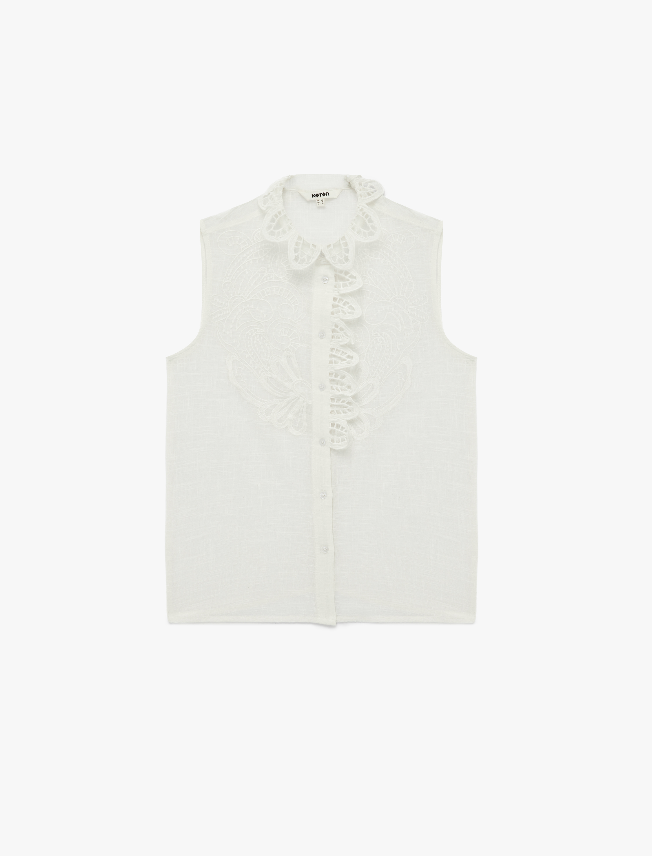 Pamuklu Düğmeli Floral Dokulu Brodeli Kolsuz Gömlek - Görsel 3