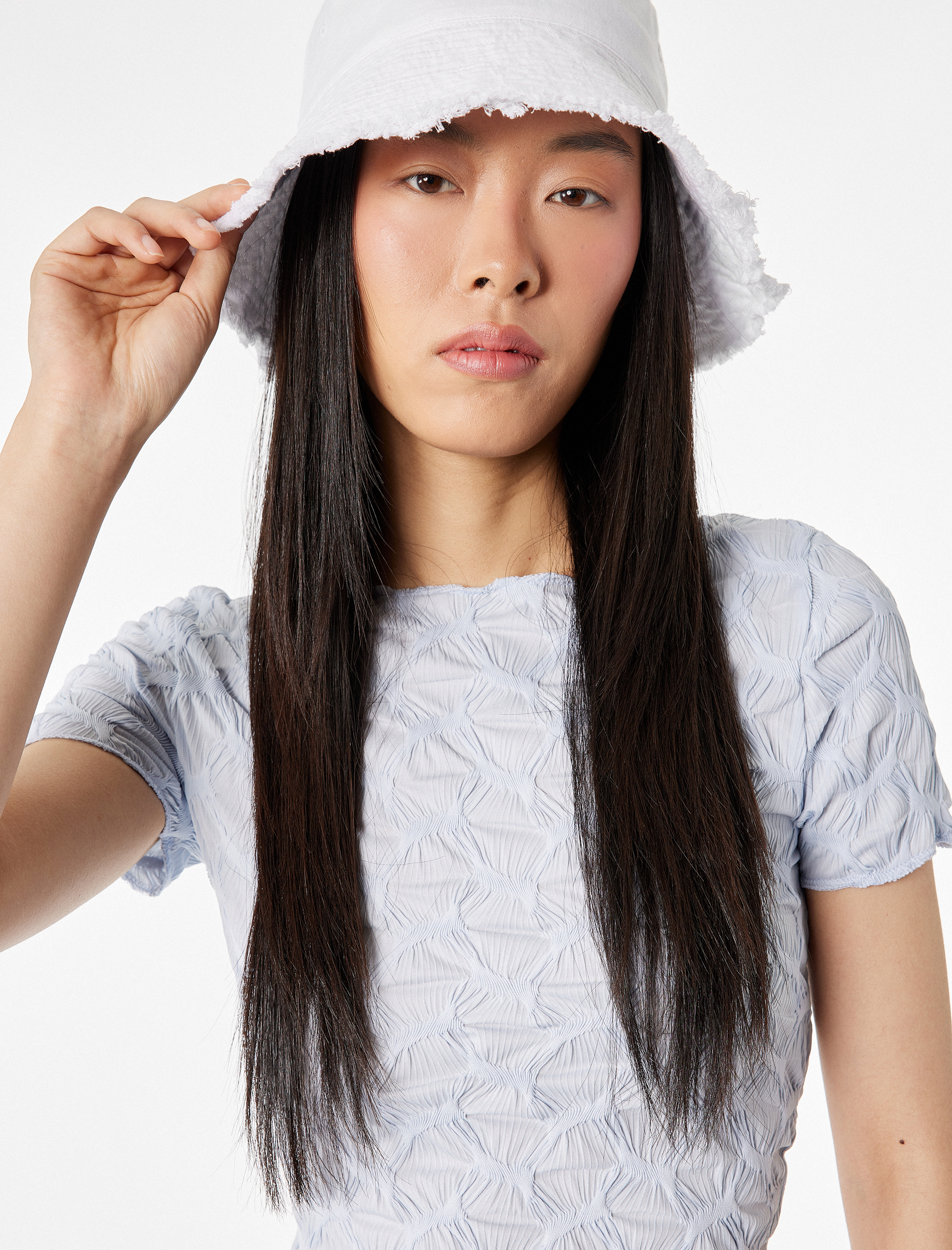   Bürümcük Kumaş Slim Fit Kısa Kollu Kayık Yaka Crop Tişört