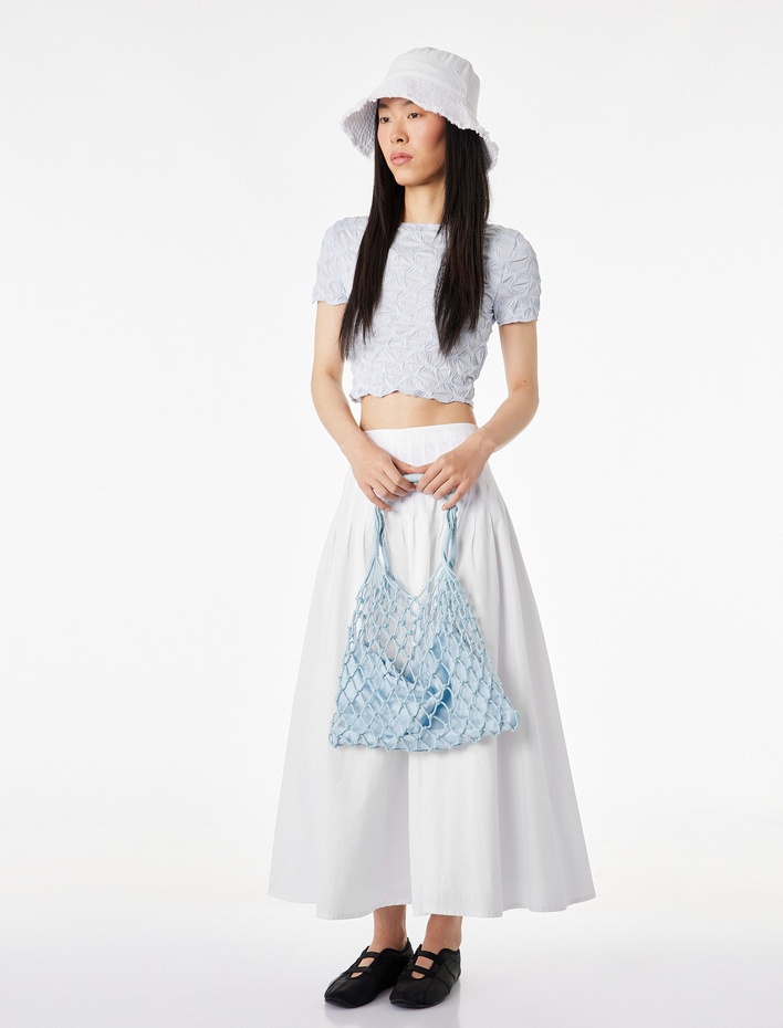  Bürümcük Kumaş Slim Fit Kısa Kollu Kayık Yaka Crop Tişört